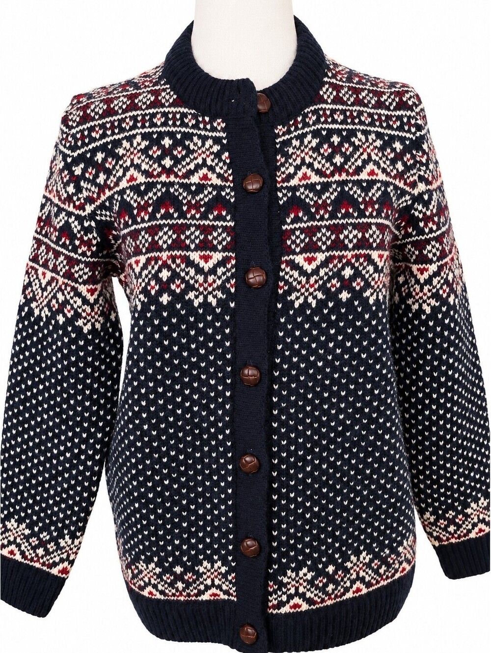LL Bean Woman's Sm Wool Nordic Fair Isle Cardigan Sweater Button-Up Blue Norway